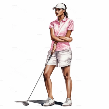 Idyllic watercolor clipart of a young black modern female golfer with dark hair in white and pink close-fitting sports golf clothes standing upright taking a golf shot, isolated on a pure white background, insane detail,