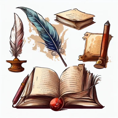 Old book, paper scroll and feather pen sketch, Watercolor clipart, details