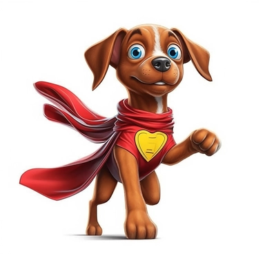 a cartoon superhero dog doing Superhero pose Sublimation Clipart, cute Cartoon, hyper-realistic, detail, illustration style, high solution, on the white background