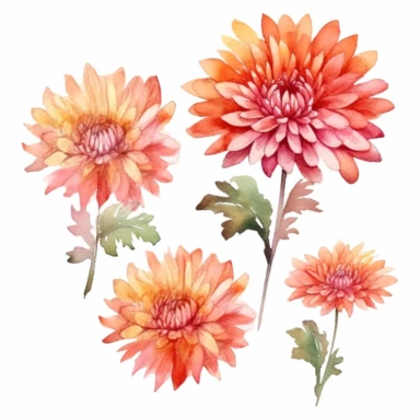 watercolour mums flowers, clipart, autumn colours, white background, spaced out