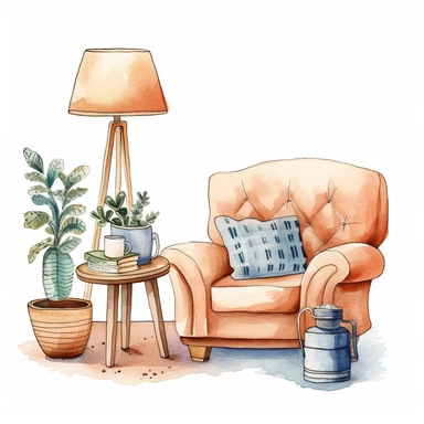 clipart furniture watercolor flat color simple lines cute cartoon white background , 8k