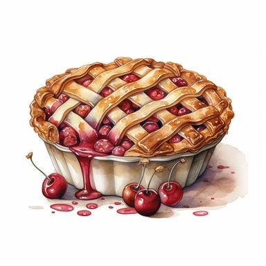 Watercolour of cherry Pie , Clipart,Cartoon,hyper realistic, intricate detail isolated on a white background, high quality, sublimation, detailed, cartoon style