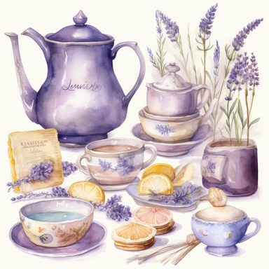 Watercolor lavander tea party items, illustrations clipart set, simple, soft colors, cartoon elements, different variants, teapot, sugar bowl, bun, jug of milk, cake stand, scones, china cup and saucer, , napkin, clotted cream, , knife, fork, jam, slice of cake on plate, tea cups, stacked teacups, lemondish, butter and bisciuits, , tea jars, knie, fork, spoon, butter, lemon, silver sncream cak, napkin, separate elements with a margin