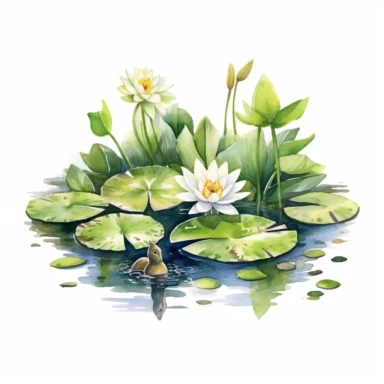 Watercolor Lily Pond Clipart - springtime cute lily pad and frog pond, clipart, white background