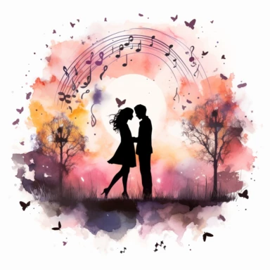 Watercolor Clipart Illustration. Silhouette of a couple kissing in the far distance. Musical notes in the air.