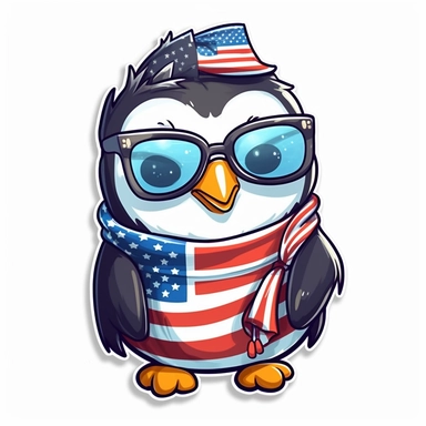 Sticker, American flag with penguin scarf and sunglasses Sublimation Clipart, Cartoon funny, Cute anime, Very detailed, white background