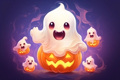 Cute ghost. Happy halloween ghosts characters, spooky expression creature. Funny scary magic demon with pumpkin, mystery creative nowaday vector clipart, realistic, full frame, very detailed