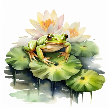 watercolor green frog on lily pad with flowers clipart, white background