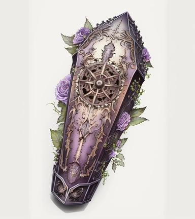 watercolor Gothic steampunk coffin decorated with floral and gears screenshot,clipart ,front view, super detailed, in the style of watercolor illustrations, intricate patterns and details, cybermysticsteampunk, black and light purple on white background , oil paintings, nightcore, decorative artistry, on white background, spaced out