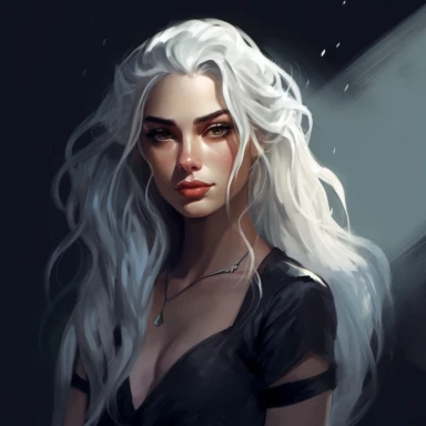 beautiful stunning pretty elf drow female character, paint art style, clipart, shadowy background, superrealistic, one of a kind, white hair, rogue, flirty smile