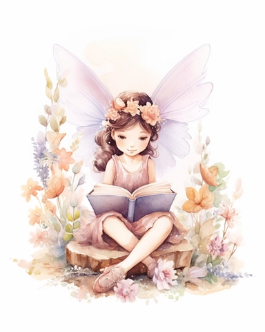 very simple watercolour childrens book style drawing of a cute fairy reading a book surrounded by flowers, pastel colours soft on white background for clipart, 8k