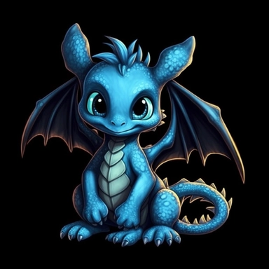 cute cartoon black and blue dragon clipart, black background,--no cut off edges