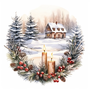 vintage design, advent wreath around, christmas theme oil paining Clipart Collection in beautiful winter landscape, advent wreath around, christmas theme, detailed, isolated, white background, one pattern