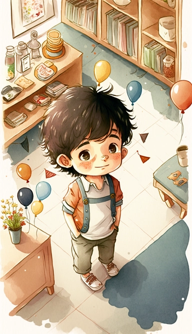 Child in The entire hall,Birthday,Five years old,Celebrating at home,Many snacks,Sofa, coffee table, balloons, decorations, toy chest, family members, curtains,carpet,Abundant snacks,Whole house,high angle view,overall view,illustration for book, children's book, multiple positions,manga style,Watercolor Clipart, strybk,full Illustration, 4k, sharp focus,watercolor, smooth soft skin, symmetrical, soft lighting, detailed face,concept art, watercolor style, strybk, children's style fairy tales, ch