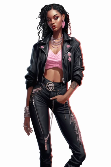 Illustration detailed clip art illustration on a white background, pose full-length model black woman Musier Paris Kelsey biker jeans jacket and chocker with body jewelry, long thick braided hair, cute nose, makeup, lips fashion pink, elegant classy, shiny colors, hyper details sticker art, elegant, modeling,