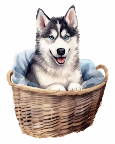 detailed watercolor husky on a basket , realistic, isolated on a white background, clipart