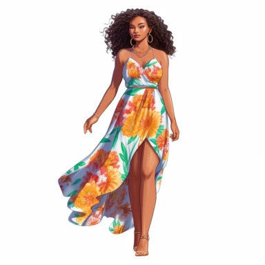 hand-drawn, clipart, ultra realistic, young woman is wearing a vibrant and colorful floral halter sundress that fits her curvy hips perfectly. The dress has a flowing and breezy fabric that moves with the gentle summer breeze. The halter neckline accentuates her shoulders and arms, and the back of the dress is open, revealing her glowing skin. She completes her outfit with a pair of simple and elegant sandals that complement the dress's floral pattern. Her long straight silk press hair is carefu