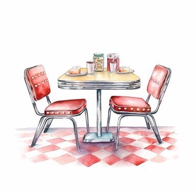 watercolor diner table clipart, hd on white background, spaced out ar 3:2
