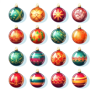 christmas ball elements clipart, vector, flat, 4k, isolated on white background, spaced out ar 3:2