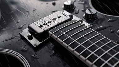 ultra sharp clip art illustration of an classic guitar, extreme closeup, rainy waters, black scaled and realistic drawing with ink and charcoal, HD, UHD resolution, 8k