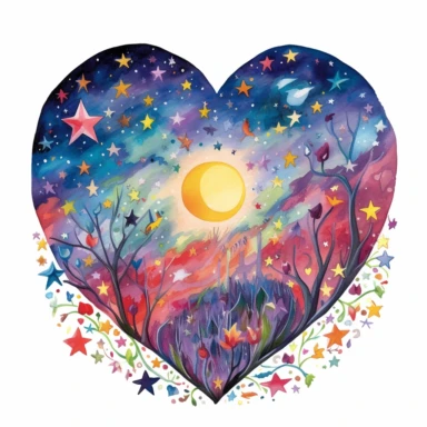 painting of a heart with the moon and stars inside of it, in the style of enchanting realms, nature-inspired installations, bloomcore, mesmerizing colorscapes, skillful, fluid and organic, clipart, blank white background