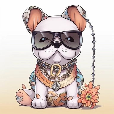 funny kawaii Puudle Puppy with Balenciaga sunglasses and cool necklaces,cute illustration, clipart, white backgound, Cuttable Design,full body French Bulldog head using light neutral muted colors, boho style background, watercolor drawing, incorporating elements like feathers, dreamcatchers, or floral patterns, UHD