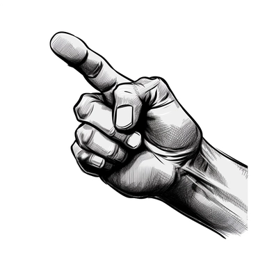 cartoon hand pointing right, clipart, simple glove, white background, black and white, low detail