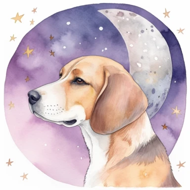 celestial watercolour Beagle clipart, on white background, stars, nebula, moon, galaxy, soft colours