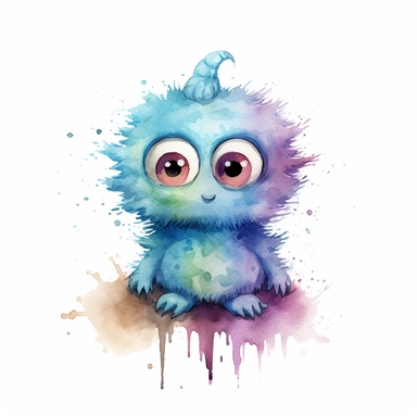 watercolour illustration, cute baby monster, big eyes, smiling, pastel, pale colourful, aquarrellist, clipart, isolated, white background,