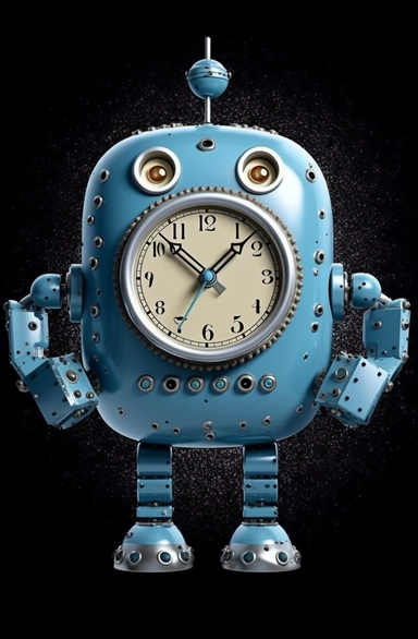 clipart illustration of a toy robot that has buttons and a clock on it, in the style of dark sky-blue and silver, pop art consumer culture, made of all of the above, flickr, metalworking mastery, strong facial expression, cardboard