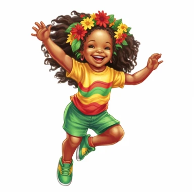 Happy baby juneteenth girl with red, green, yellow cloths and flower, full body, hand draw Illustration clipart, 4K, extremely detailed