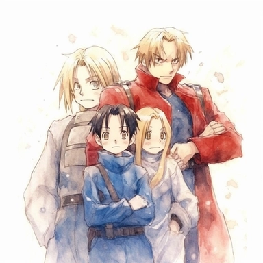 Watercolor fullmetal alchemist brotherhood, high quality, high details, pencil draw style, white backgroun, clipart, 8k, f1