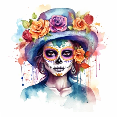 Day of the dead la catrina in the style of water color painting, full body , vibrant colors, on a white background style by Lucy Fleming, watercolor, smooth gradients, black contour outline, ultra detailed, clipart elements, delicate pastel colors, solid white background, super clear, high qua lity