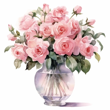 watercolor huge buquet of 30 tiny pink Roses in a Glass Vase clipart
