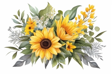 Sunflower and eucalyptus leaves bouquet. Watercolor floral clipart. Yellow flowers for rustic wedding design, thanksgiving decoration, fabric, greeting cards. Isolated on transparent background
