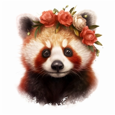 lashes, super lovely, nursery, close-up of an panda, flower. The red panda has fluffy fur with black markings, large ears, and bright eyes. It is standing on top of a white background. vintage clothing hyper realistic 8k clipart*