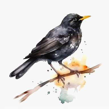 Watercolor blackbird clipart, white isolated background, space out, hd