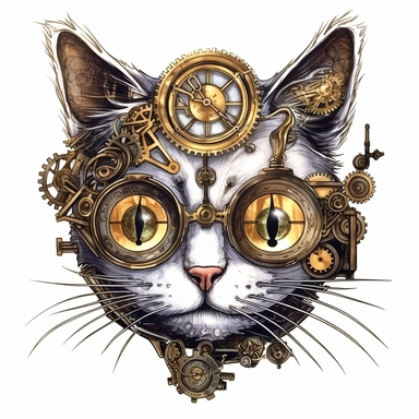 Devil Eyed Steampunk Cat With Clock Ticking Eyes Clipart White Background
