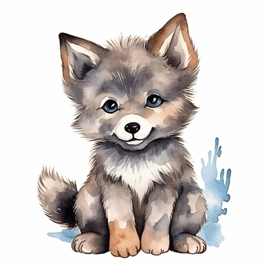 woodland animal cute baby wolf watercolor clipart detailed black outline