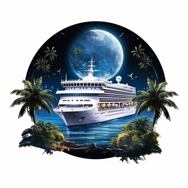 fantasy cruise ship in the moonlight, paradise island digital clipart on white background