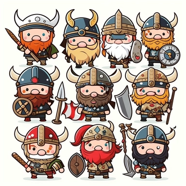 10 cute Viking soldier army stickers collection, clipart design, cartoon, 4k, white background