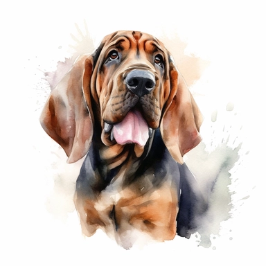 cute Bloodhound dog portrait, full face, centered shot, side shot, dynamically posed, in action, playful mood, happy mood, playing mood, cute face, adorable smile, childlike eyes, clean watercolor illustration, white background, nursery baby imagery, painting, detailed, 8k, PNG, clipart,