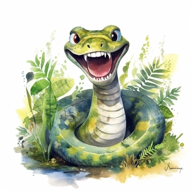 watercolor cartoon happy snake in jungle drawing, illustration clipart, high detailed, white background, digital art