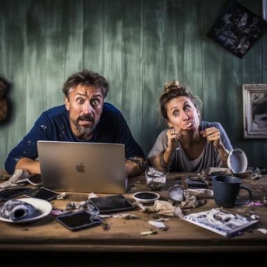 a married couple won against the odds now exhausted but happy and satisfied, old coffee mugs scattered around, multiple mobile phones on table that they are leaning on, laptops on table, sleepy, tired, messy, like the person has not slept and not washed all week, old food, amusing, satirical, coffee cup in the foreground, emphasis on the mobile phones on the table and the laptops