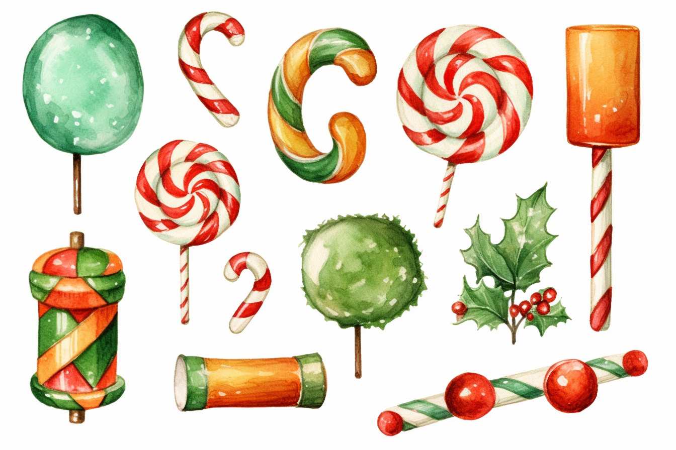 watercolour of a variety of Christmas Candies. Red and Green Gumdrops ...