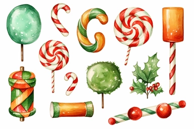 watercolour of a variety of Christmas Candies. Red and Green Gumdrops, Candy Canes, Peppermints, ribbon candy, clipart variations, simple, vector, 8k