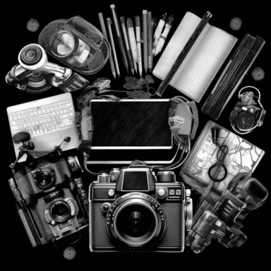black and white clip art collage of camera, film camera, film, notebook, script, laptop, microphone, headphones on black background