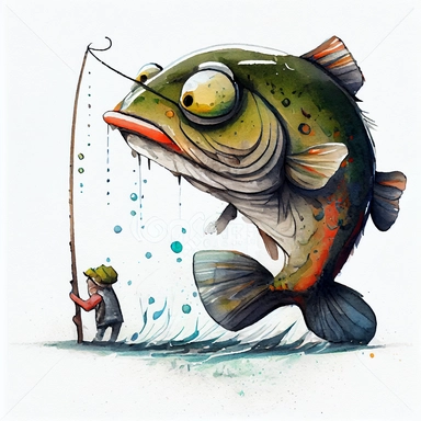 funny big sish going to fishing big fish, CLIPART, watercolor, ink, ultra-detailed, cartoon style, white background, black outside lines –testp,