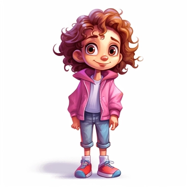 4 year old cartoon Pretty girl, cute cartoon white skin girl with medium lenght curly hair and brown eyes, wearing fuchsia t-shirt, pink coat, blue jeans and pink sneakers, smiling with her arms crossed. Pixar childrens book cartoon style, detailed, modern, urban, watercolor, full color, flat color, white background, children book illustration. Watercolor clipart. Pixar animation