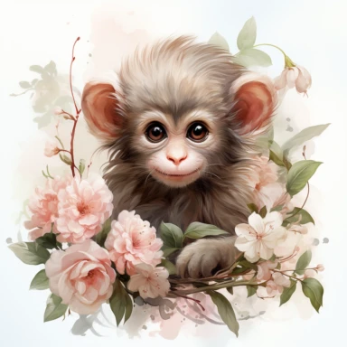 a baby monkey pastel watercolor clipart, whimsical soft dreamy style, small children's book style illustration, delicate feminine art style, adorable and curious baby monkey swinging from the vine, smilecore, phantasy colors, soft brush strokes, illustration in pastel fairytale children's book style, ar-- 1:1